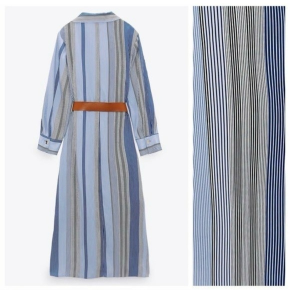 Zara Blue Stripe Satin Effect Midi Shirt Dress w Button Side Slits - Picture 10 of 13